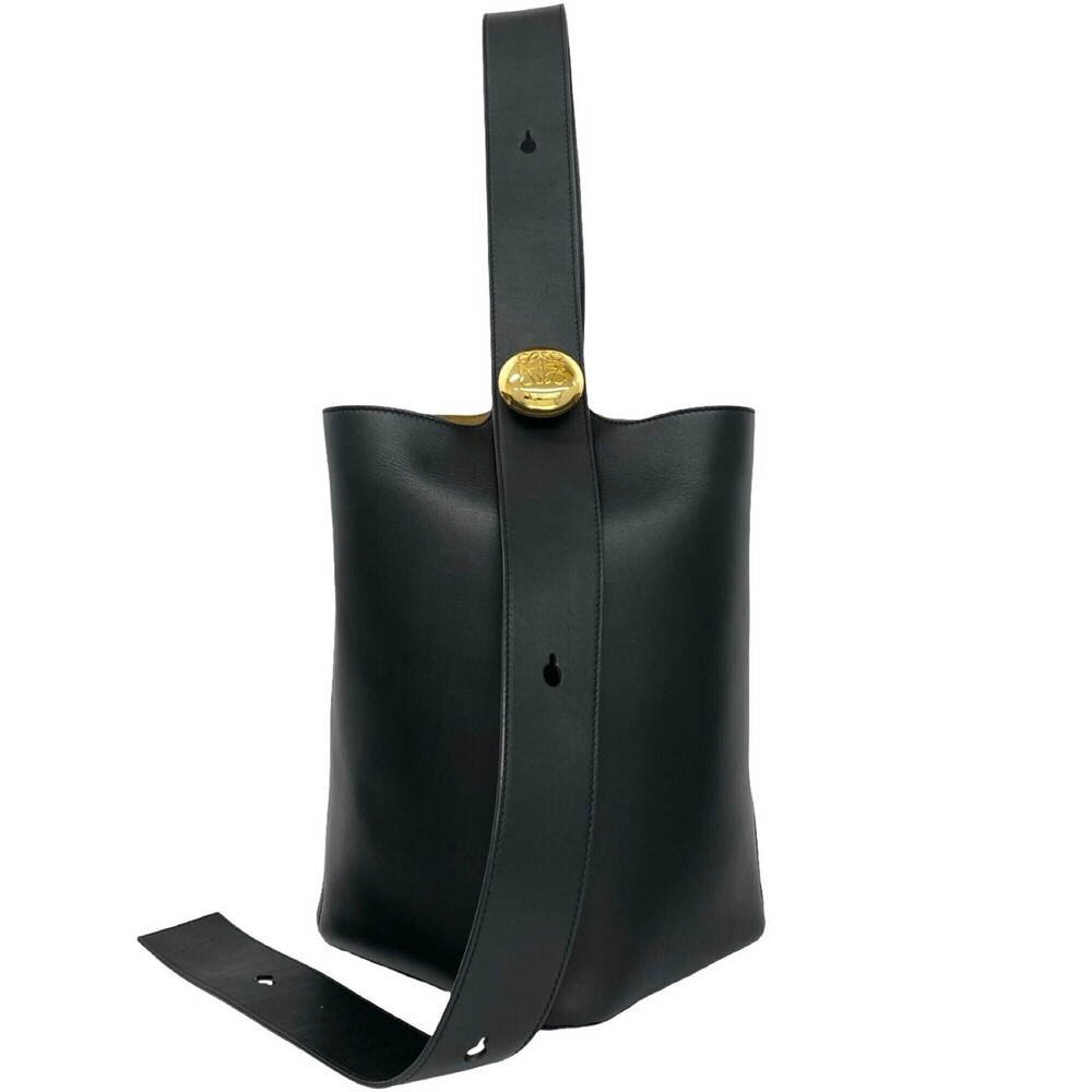 LOEWE Pebble Bucket Anagram Logo Hardware Leather One Shoulder Bag Tote Black...